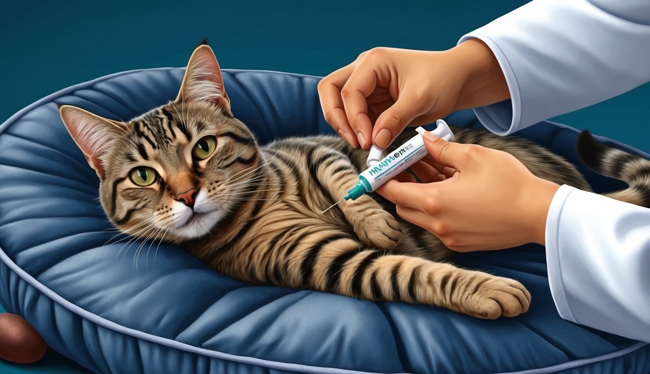 A cat peacefully laying on a cushioned surface while receiving a heartworm medicine dose from a veterinarian