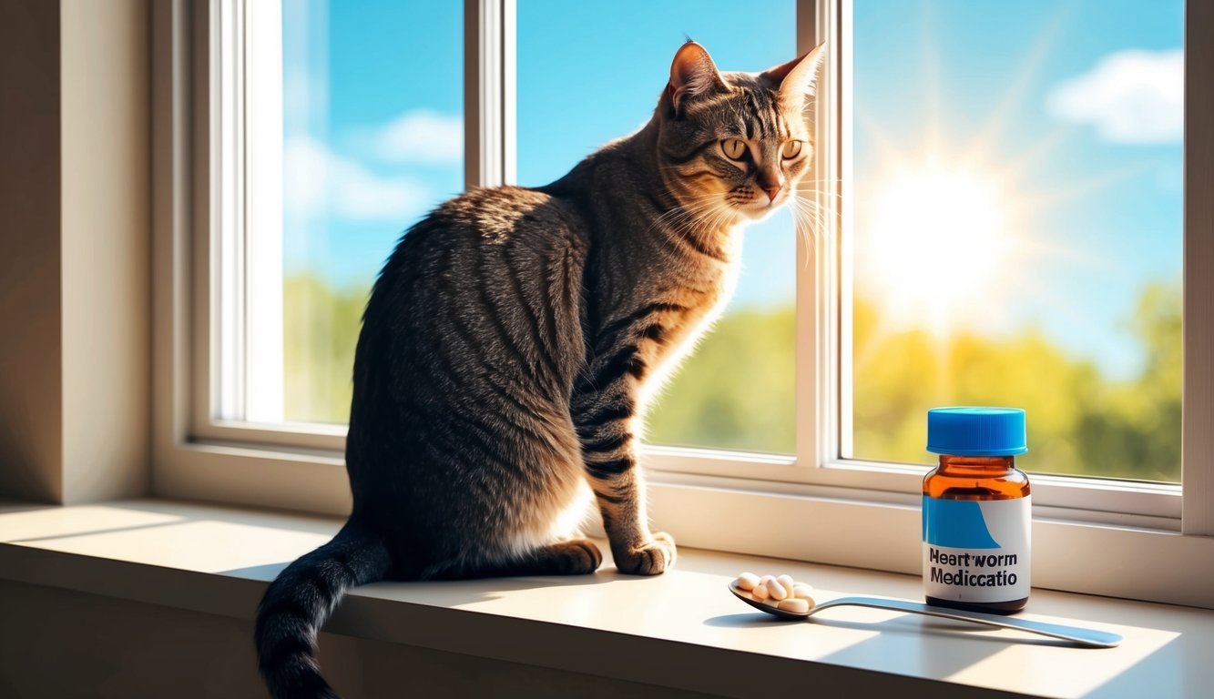 A cat sitting on a sunny windowsill, with a small pill bottle and a spoonful of heartworm medication on the table next to it