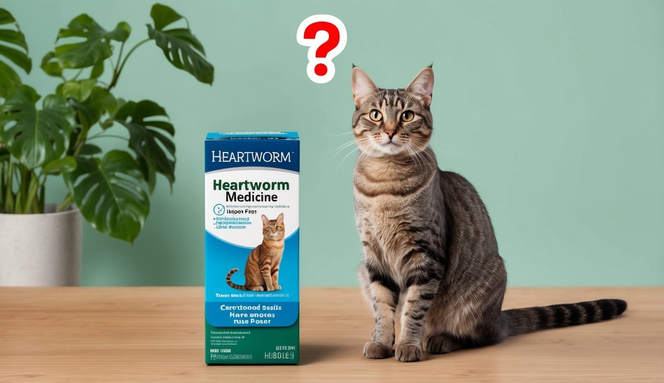 A cat sitting beside a heartworm medicine box with a question mark above its head