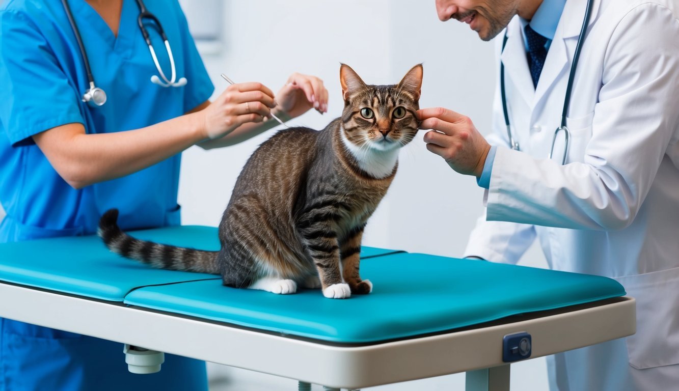 A cat sitting on a veterinary examination table, being examined by a veterinarian.</p><p>The vet is checking the cat's ears, eyes, and teeth, while the cat looks alert and curious