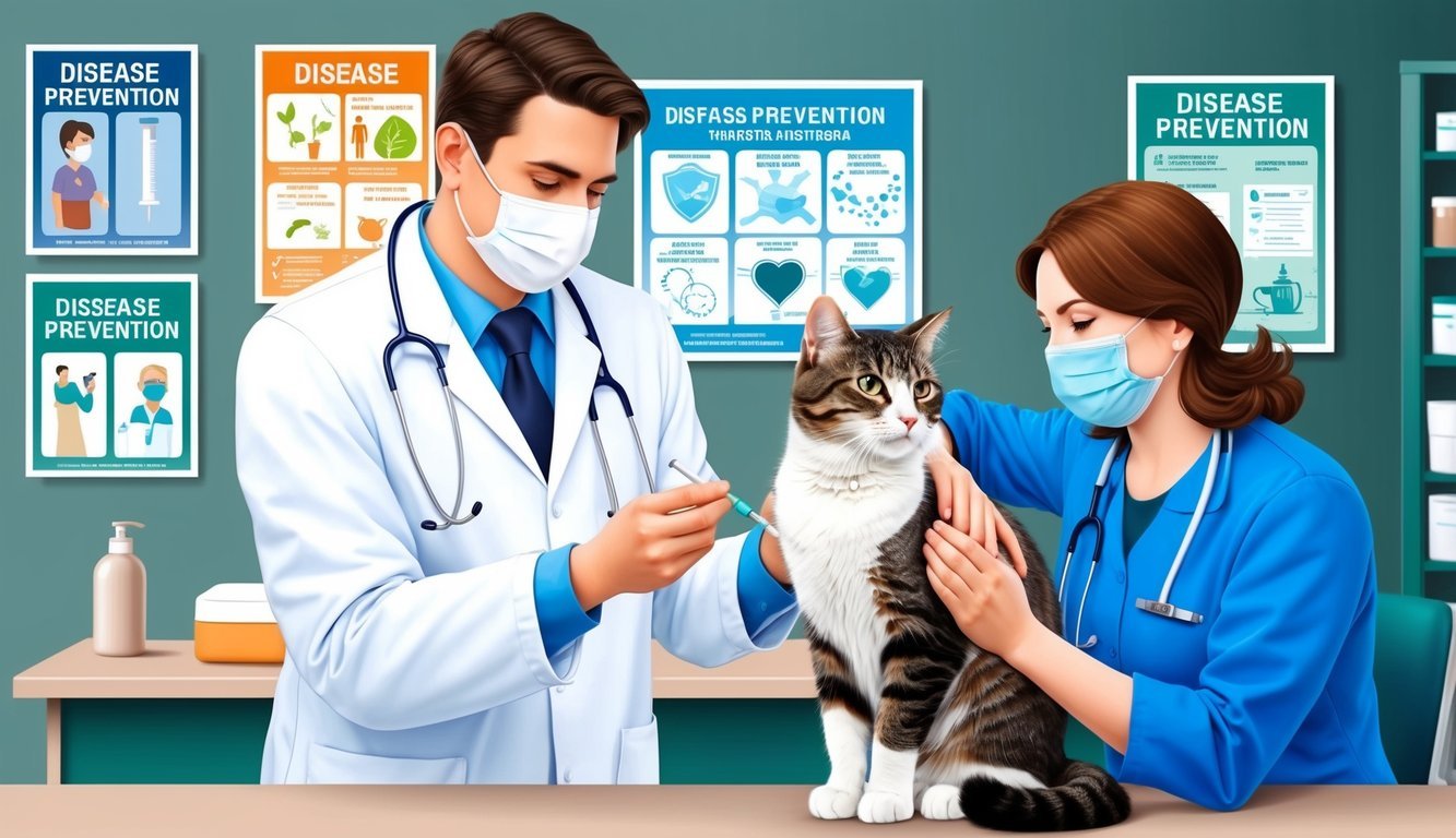 A veterinarian administering a vaccine to a cat, with various disease prevention posters on the walls