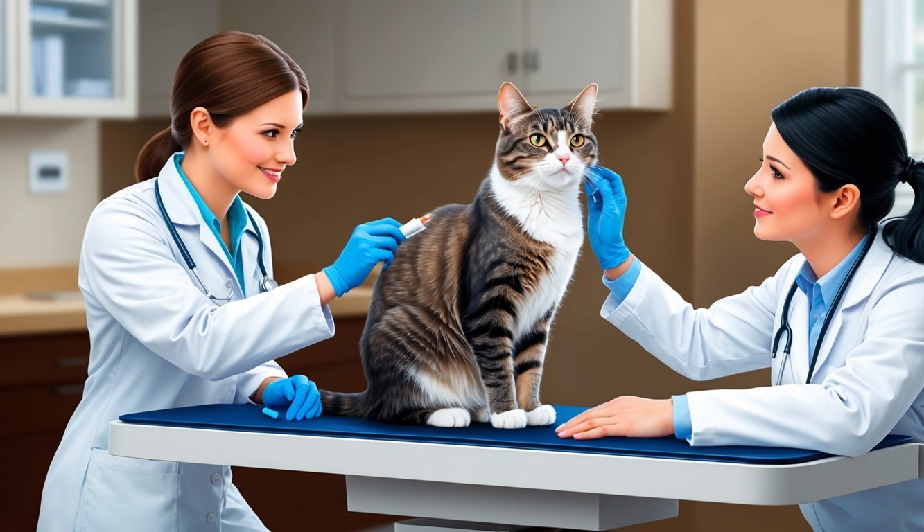 A cat sitting on a veterinarian's examination table while the vet checks its ears and administers a parasite prevention treatment