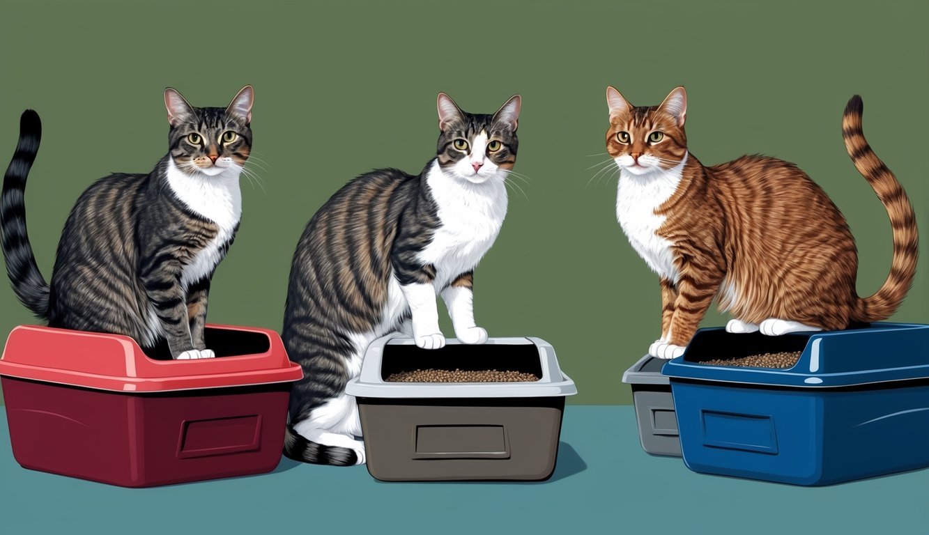 Three cats near multiple litter boxes