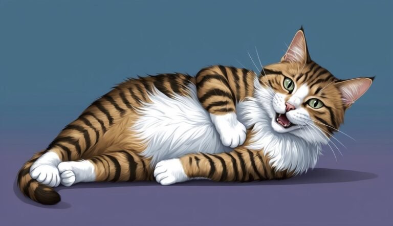 Illustration of a tabby cat with white chest, lying down, looking playful