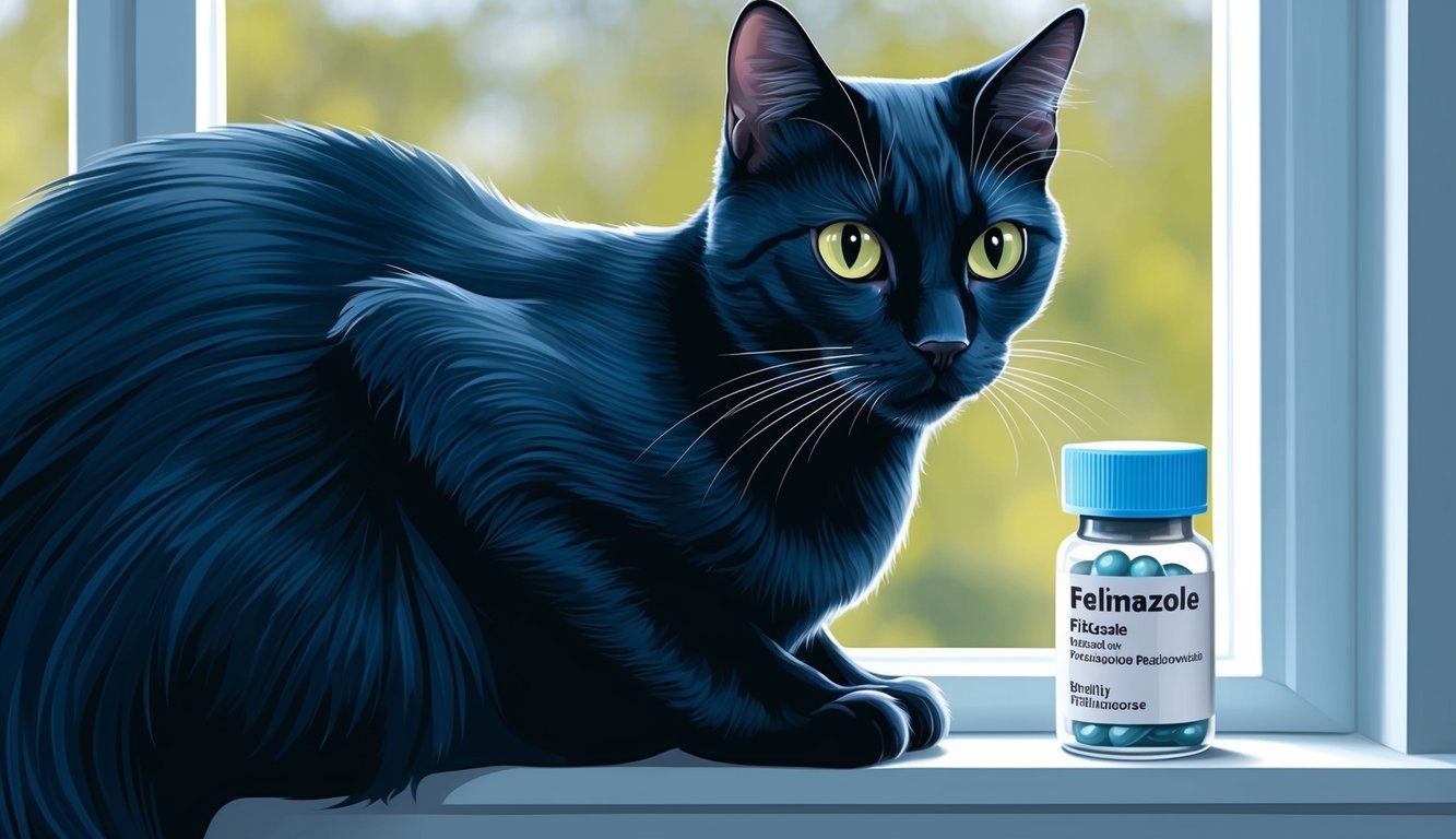 A sleek black cat perched on a windowsill, gazing out at the world with bright, alert eyes.</p><p>A small pill bottle labeled "Felimazole" sits nearby