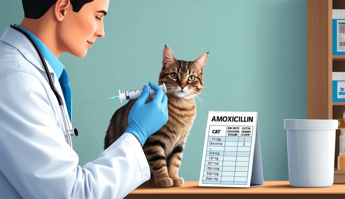 A veterinarian measuring out amoxicillin for a cat using a dosage chart and a syringe