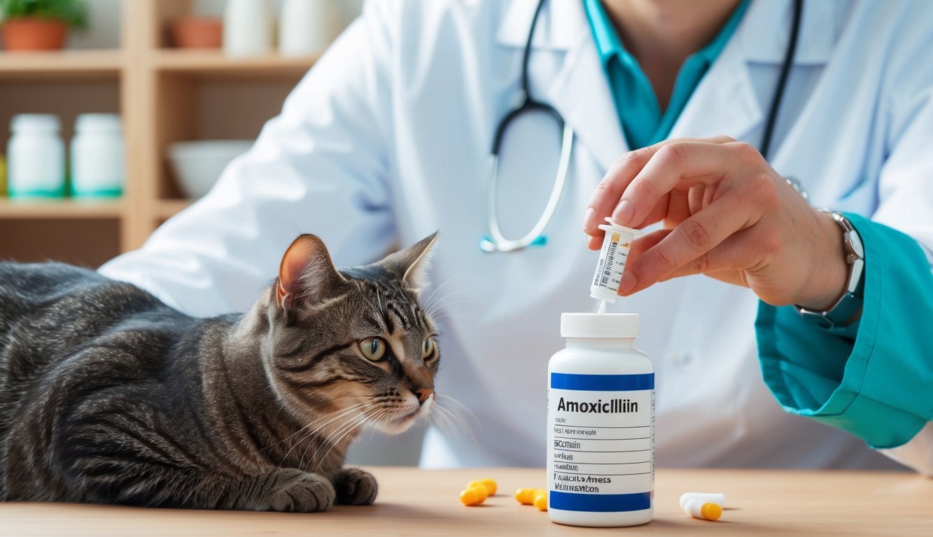 A veterinarian measuring out amoxicillin for a cat on a dosage chart