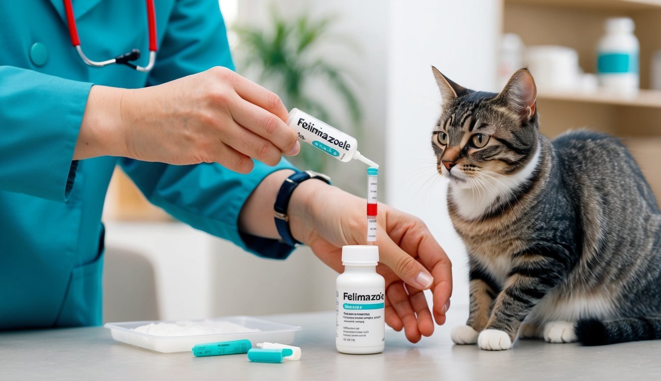 A veterinarian carefully measuring and administering Felimazole to a cat in a clinic setting