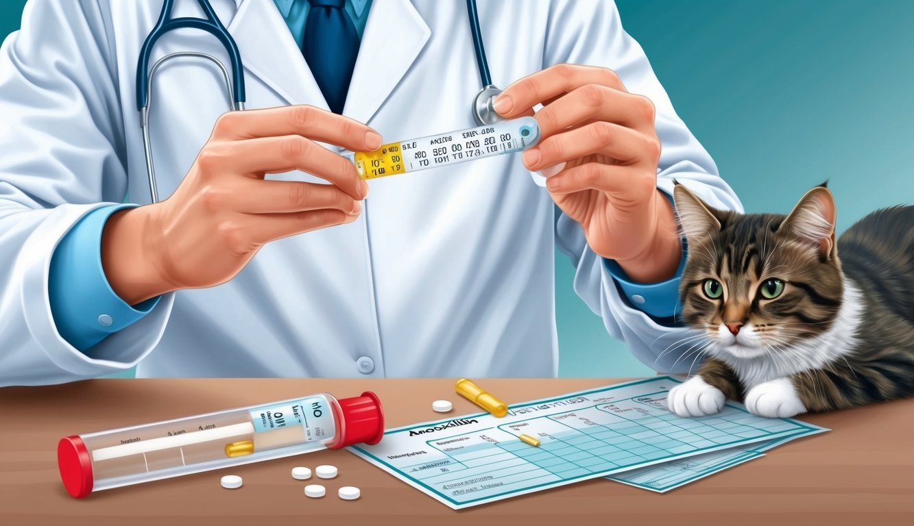 A veterinarian measuring out amoxicillin for a cat using a dosage chart