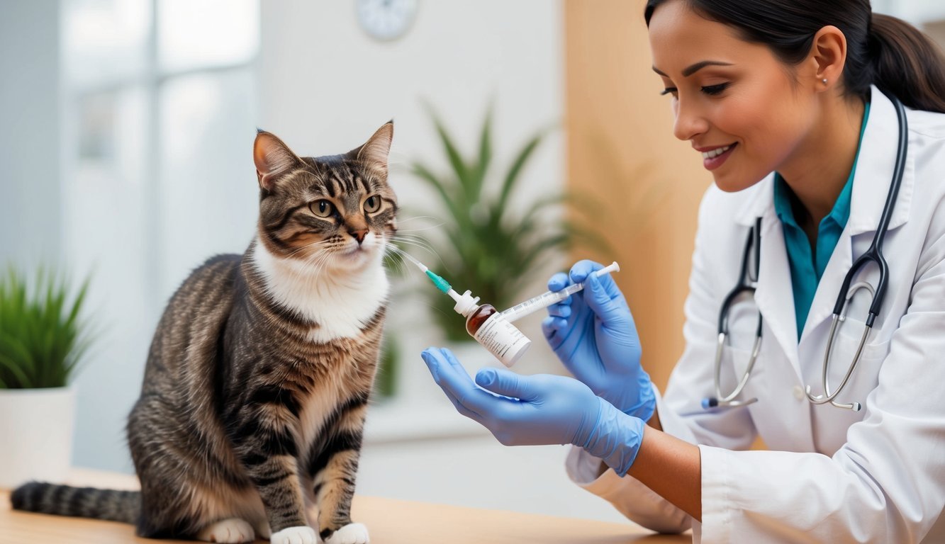 A cat receiving a dose of Felimazole from a veterinarian in a clinic setting