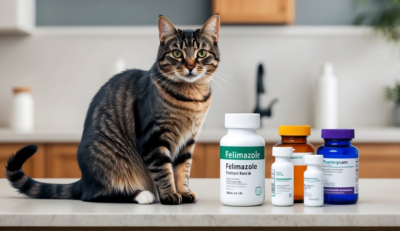 A cat sitting on a countertop with a bottle of Felimazole medication and various other prescription labels nearby