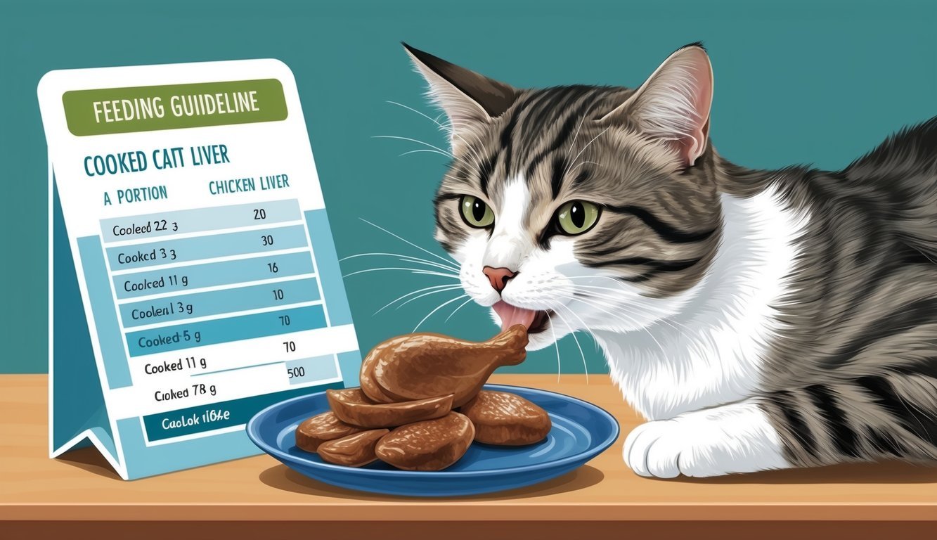 A cat eating a small portion of cooked chicken liver next to a feeding guideline chart