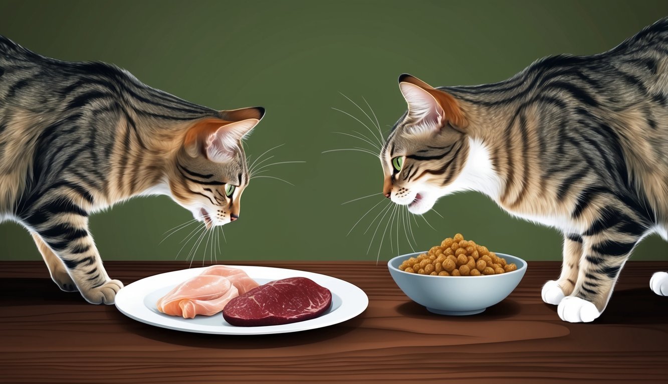 A cat turning away from a plate of chicken liver and sniffing at a bowl of alternative cat-friendly food options