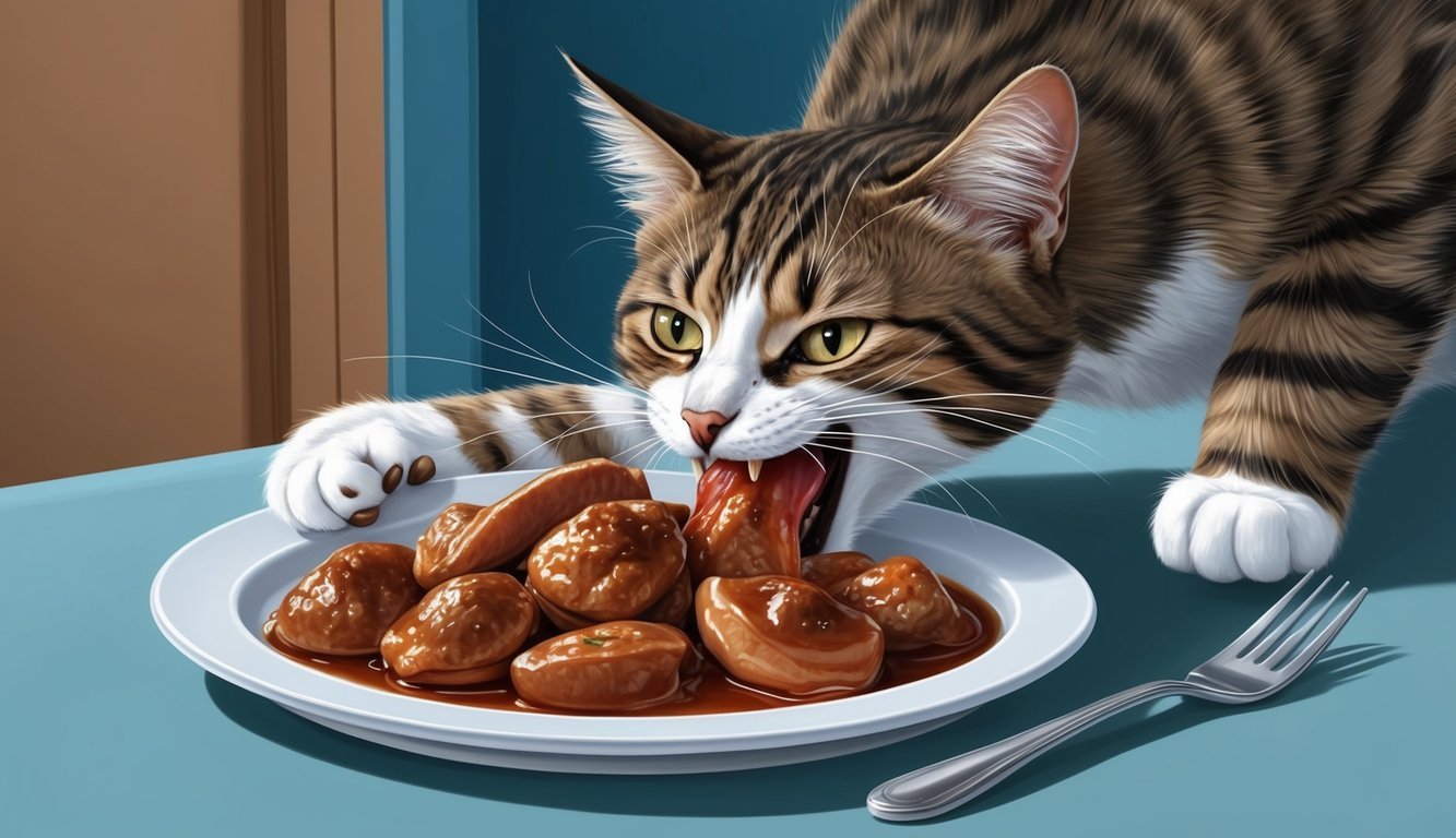 A cat eagerly devouring a plate of cooked chicken liver