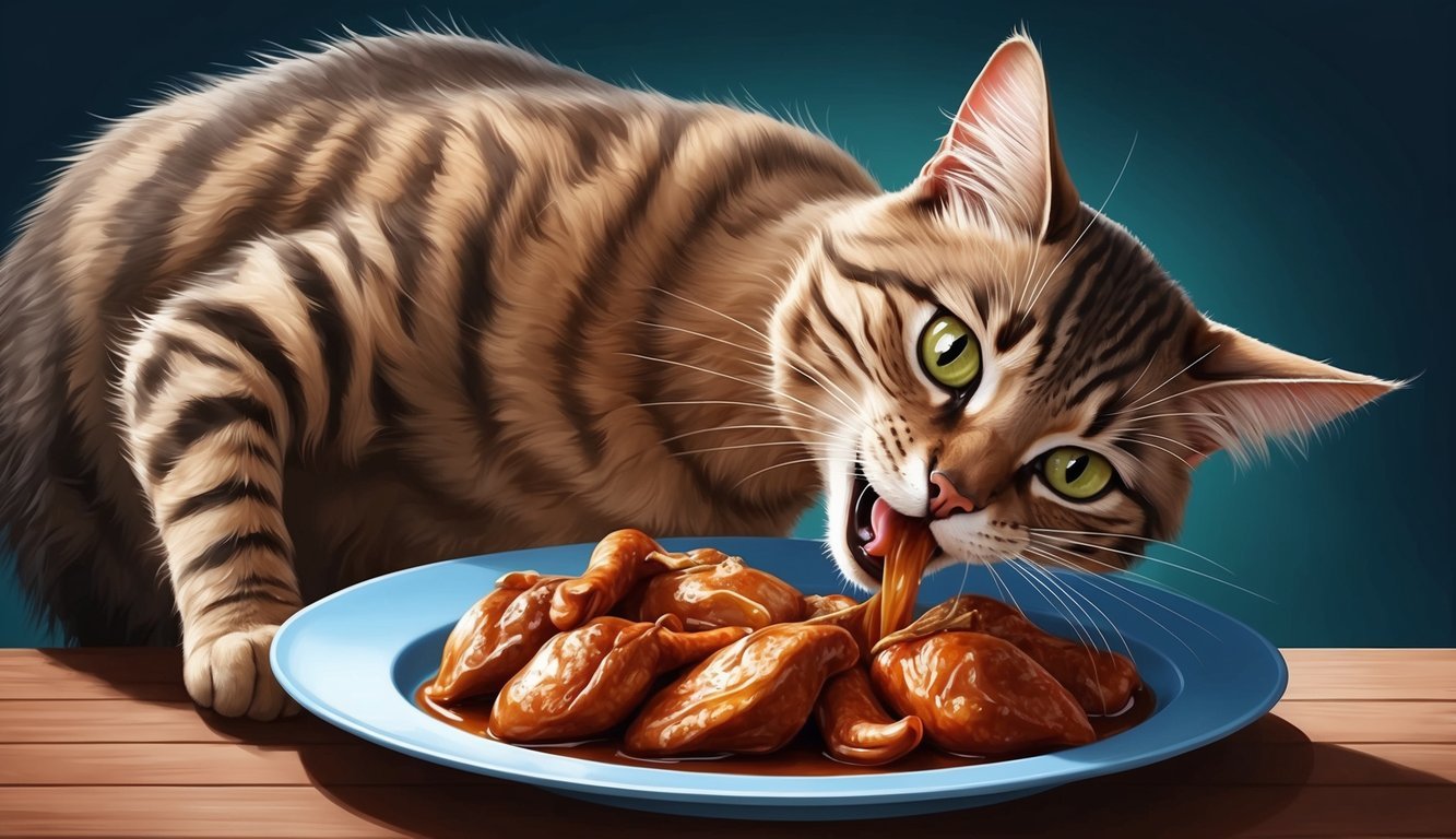 A cat eagerly eating a plate of cooked chicken liver