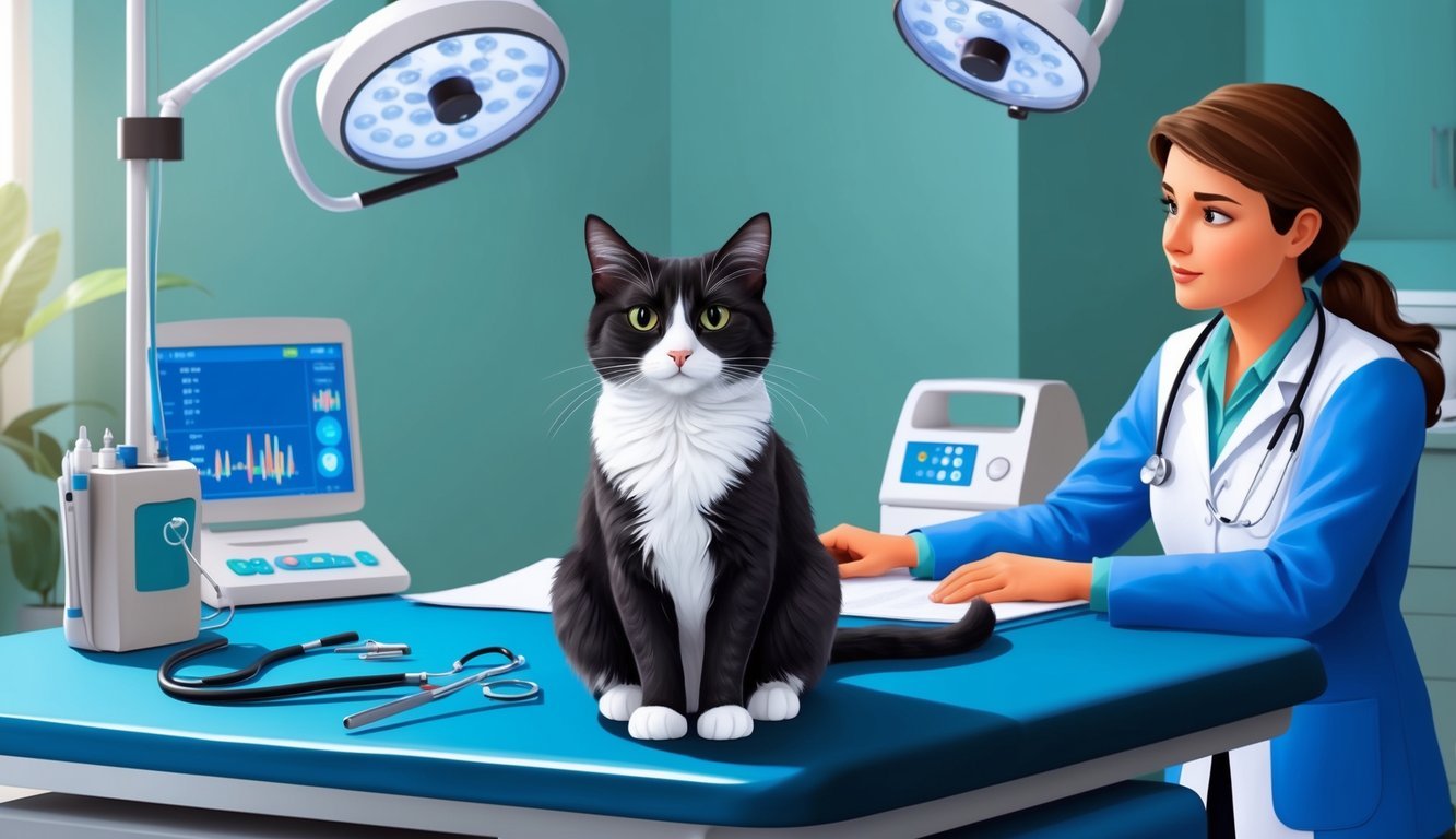 A cat with iris melanosis sits calmly on a veterinary examination table, surrounded by medical equipment and a concerned veterinarian