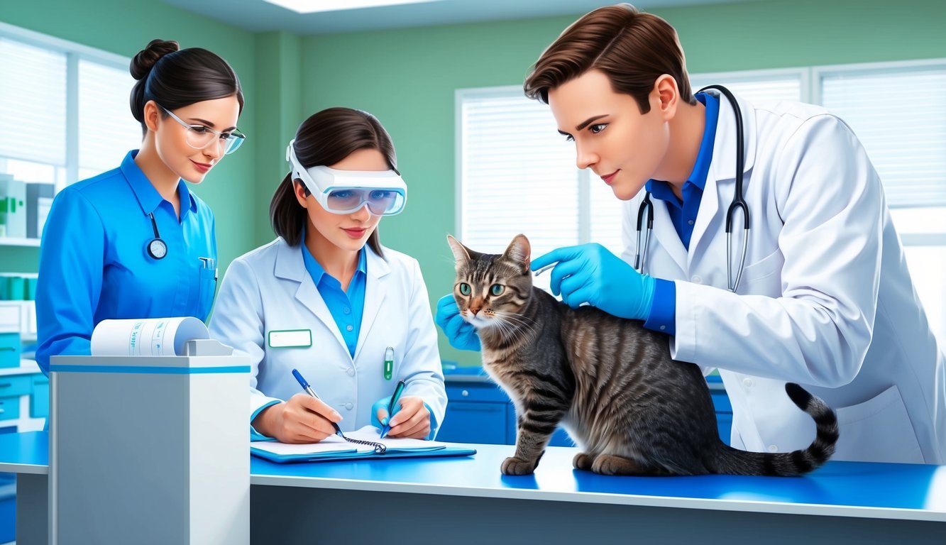 A veterinarian examines a cat's eye for iris melanosis, while a technician records data and a manager oversees the process in a well-lit clinic room