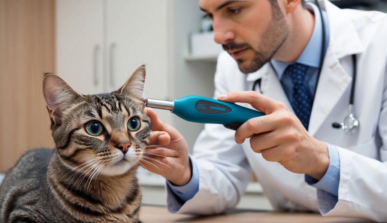 A veterinarian using a specialized tool to examine a cat's eye for iris melanosis