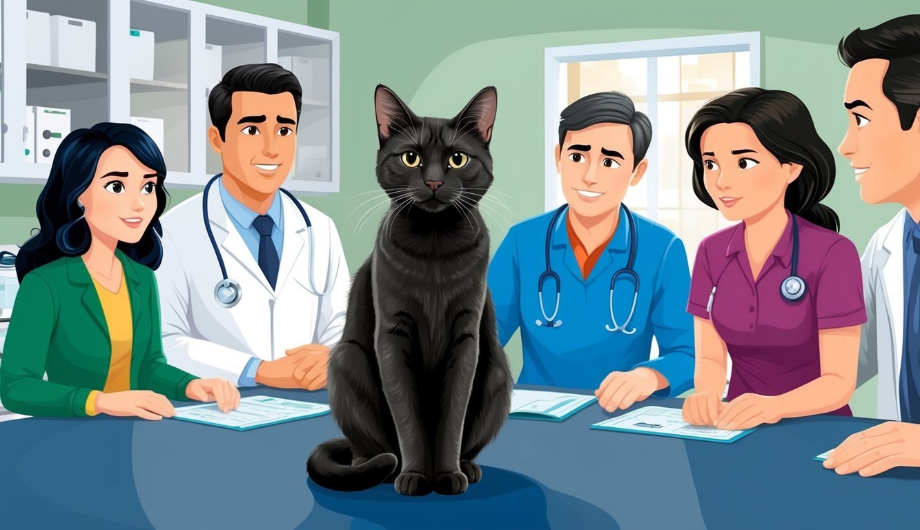 A cat with iris melanosis sits in a veterinary office, surrounded by concerned pet owners and a veterinarian