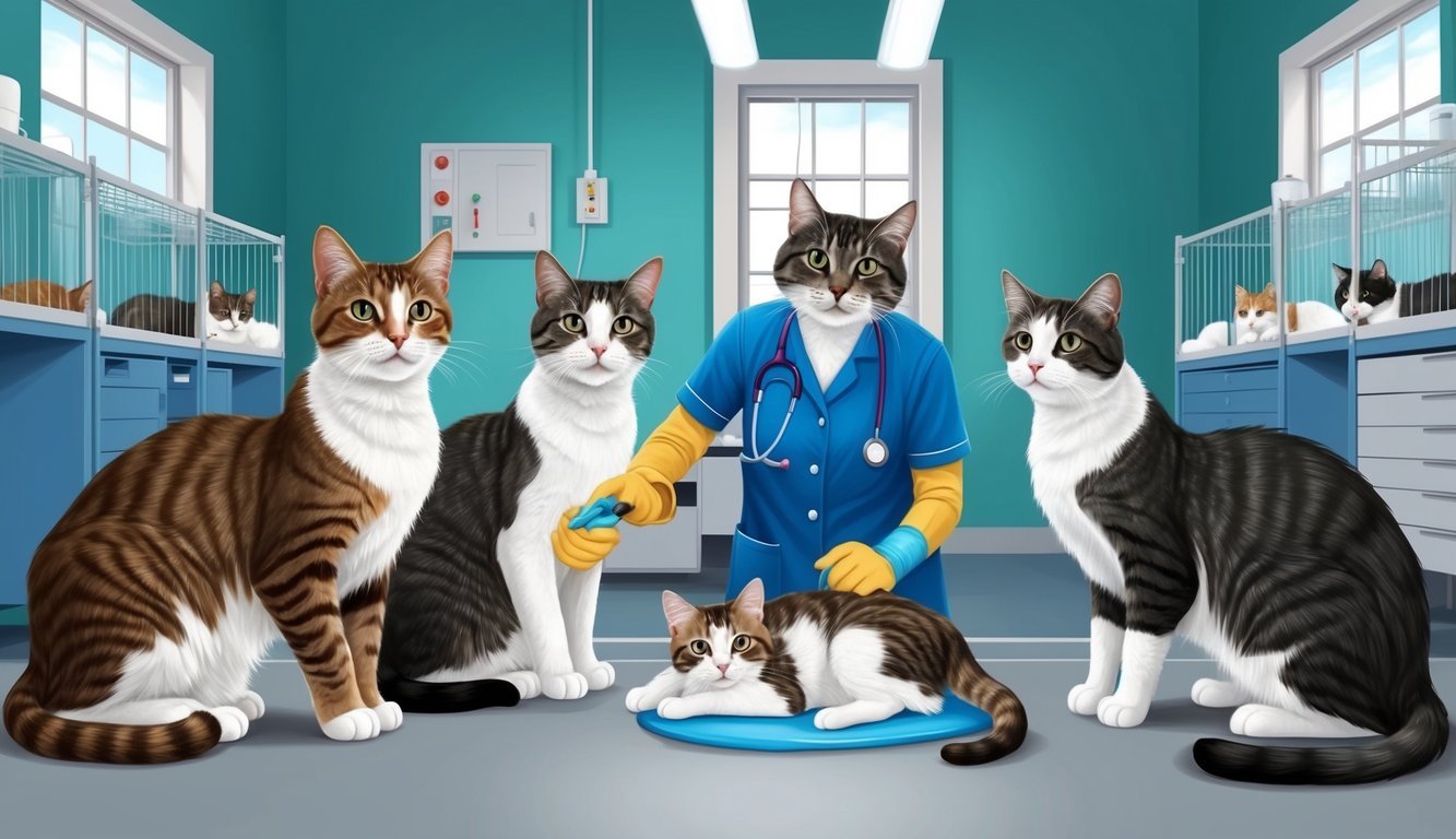 A group of cats in a veterinary clinic, one receiving treatment for FIP while others are kept separate to prevent contagion