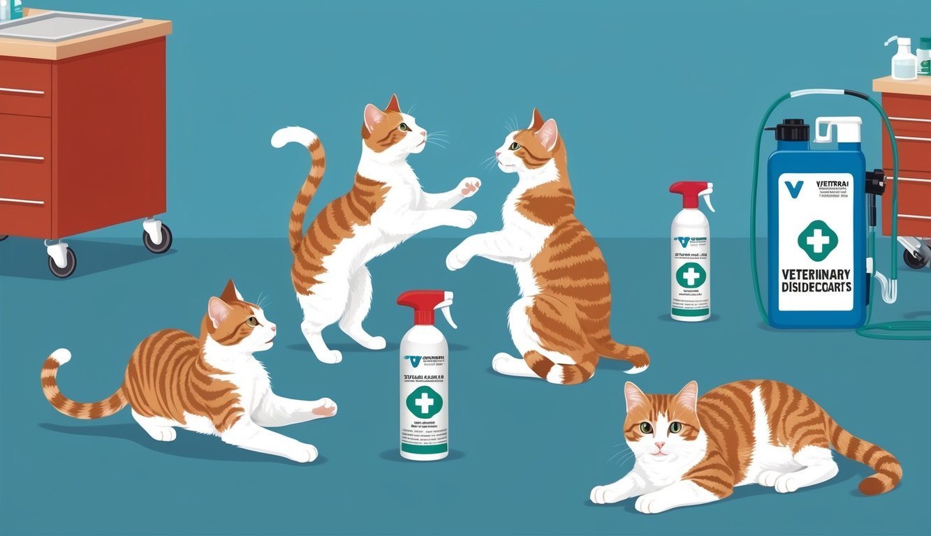 Several cats playing together, one cat isolated in a separate area.</p><p>Veterinary equipment and disinfectants visible