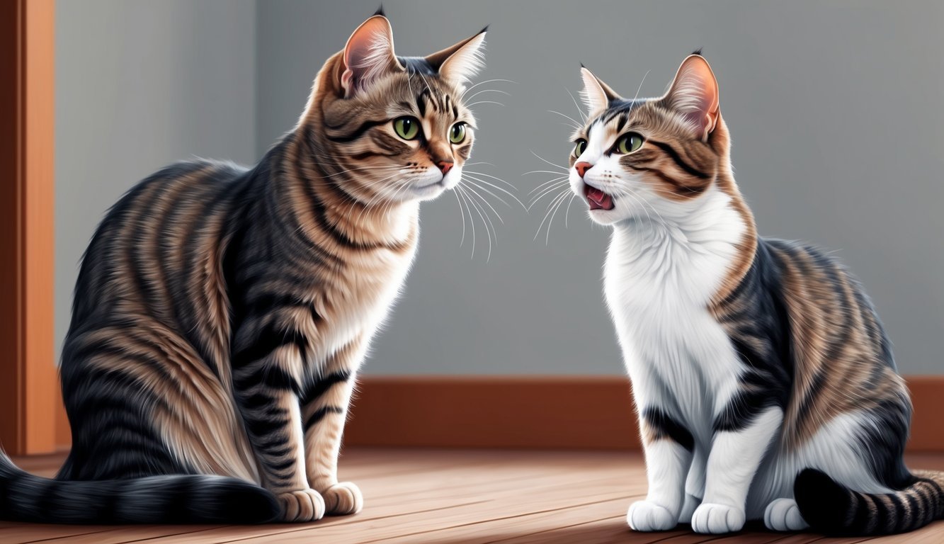 A cat with a worried expression watching another cat sneezing and showing signs of illness