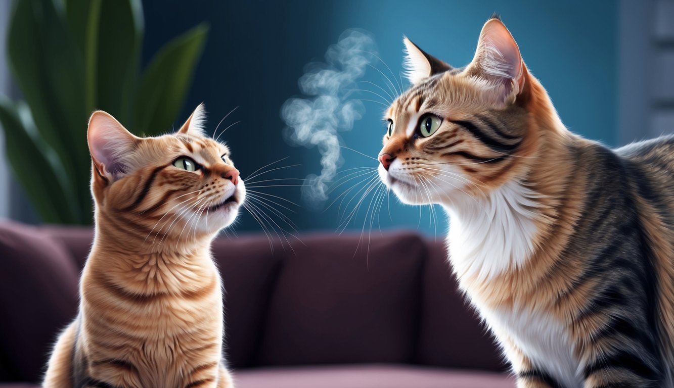 A worried cat looking at a sneezing feline with a concerned expression