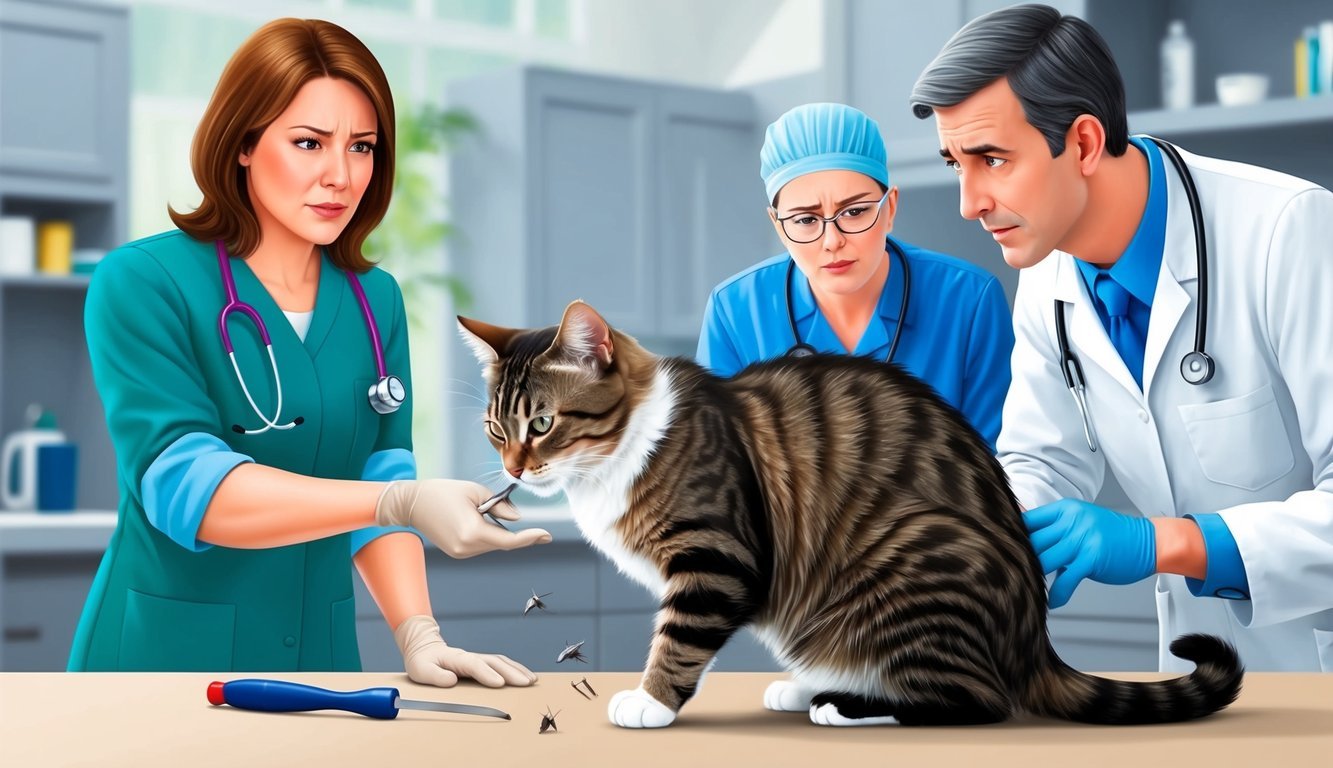 A cat crouches in pain, its claws removed.</p><p>A veterinarian looks on with concern, while a behavioral specialist observes the cat's distress