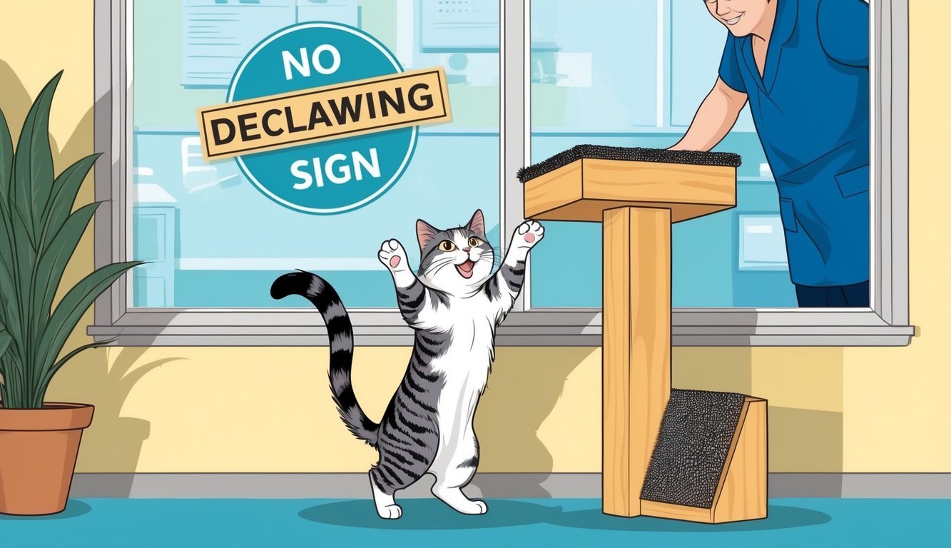 A cat happily plays with a scratching post while a person removes a "no declawing" sign from a vet clinic window