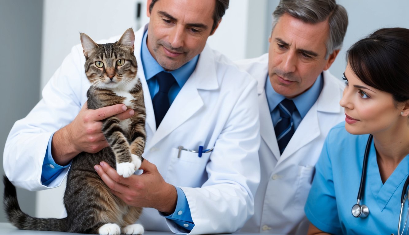 A veterinarian gently holds a cat's paw, while another professional looks on with concern.</p><p>The cat's claws are intact, and the scene conveys a sense of compassion and respect for the animal