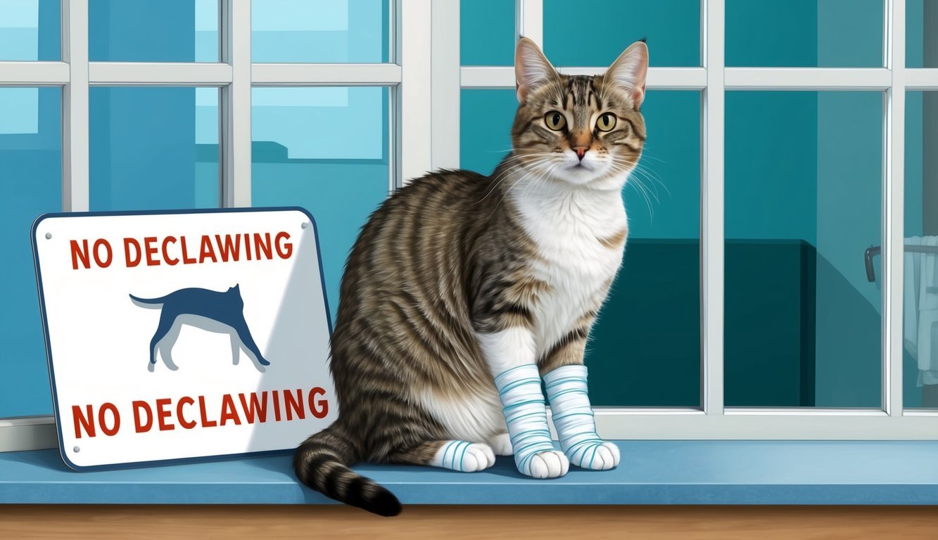 A cat with bandaged paws sits next to a "No Declawing" sign in a veterinarian's office window