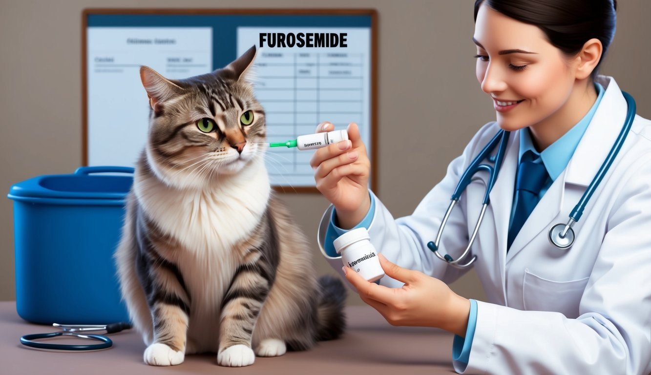 A cat receiving a dose of furosemide from a veterinarian, with a medical chart and stethoscope in the background