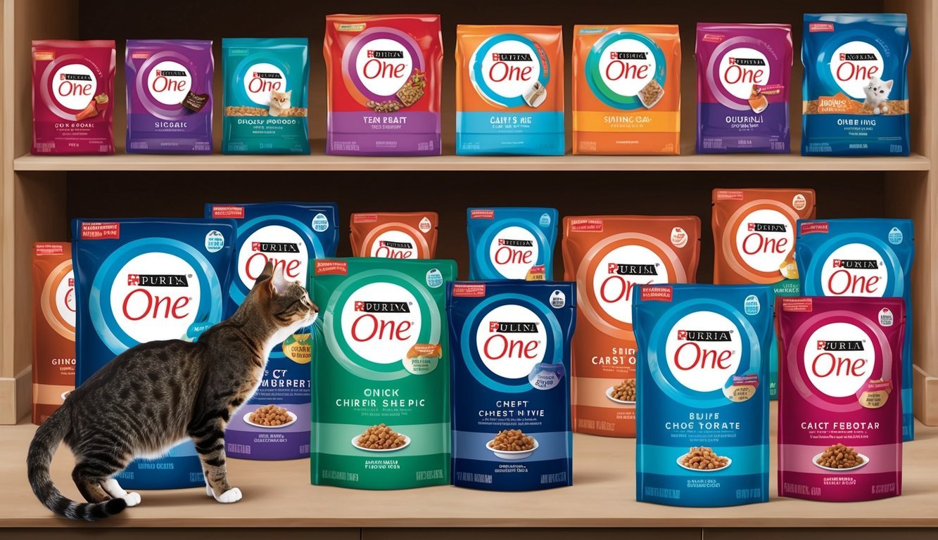 A variety of Purina One cat food products displayed on shelves with a curious cat sniffing at the packaging