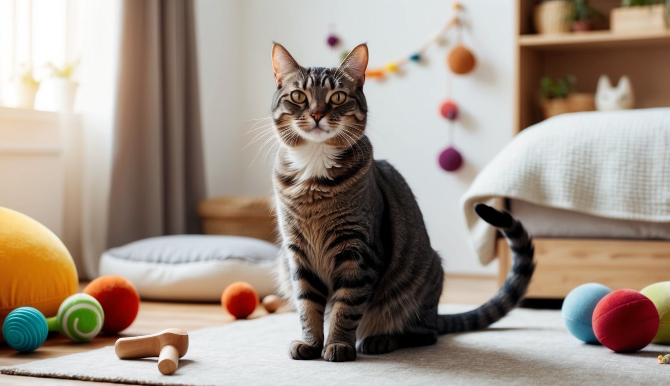 A cat sitting proudly, with intact claws, surrounded by toys and a cozy bed in a loving home