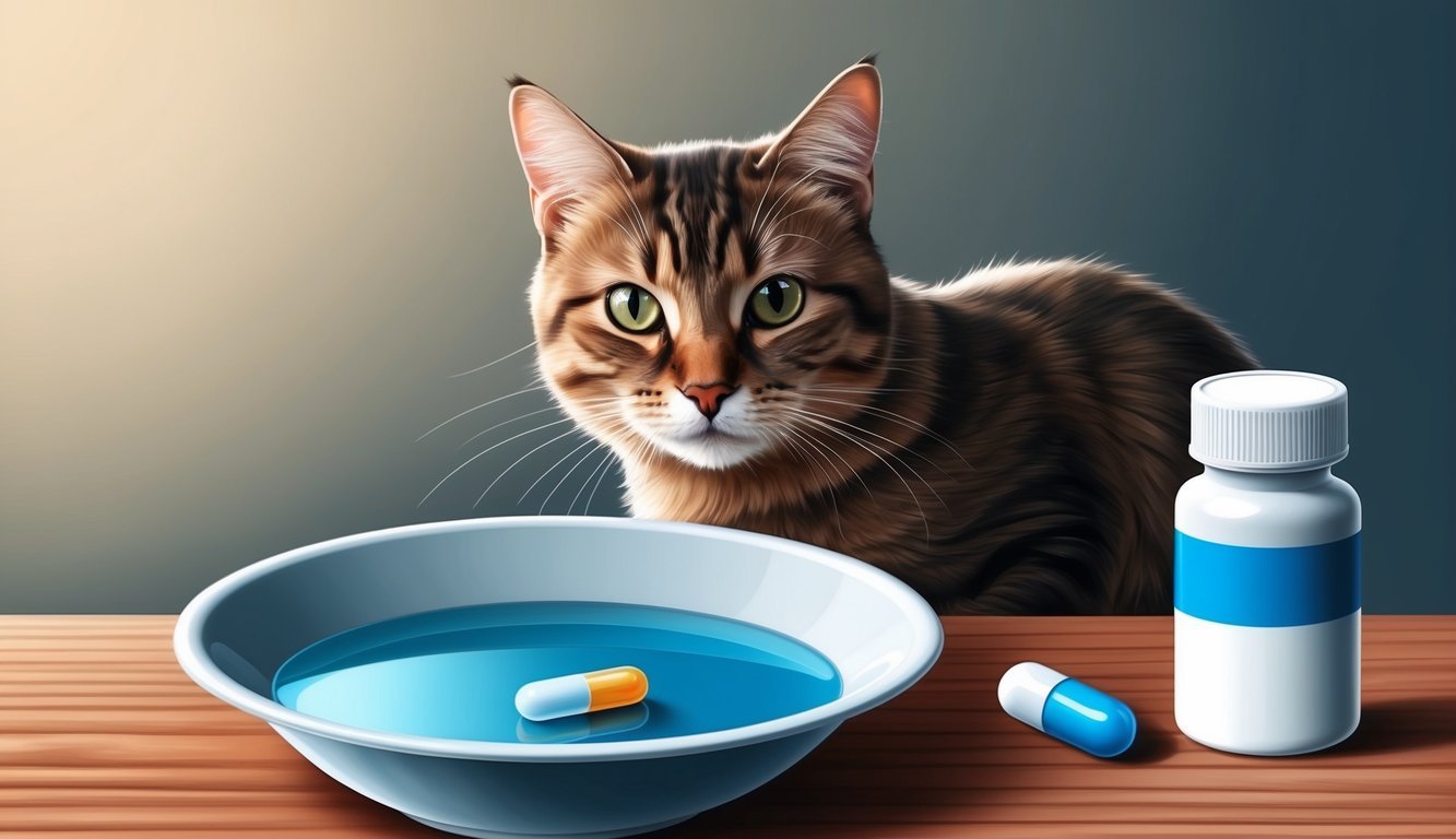 A cat sitting next to a bowl of water, with a pill and a pill bottle nearby