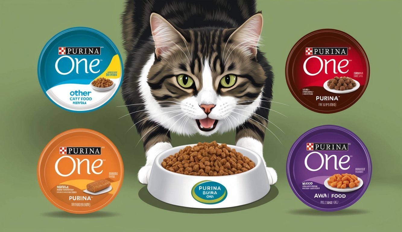 A cat happily eats Purina One while turning away from other Purina brand cat food