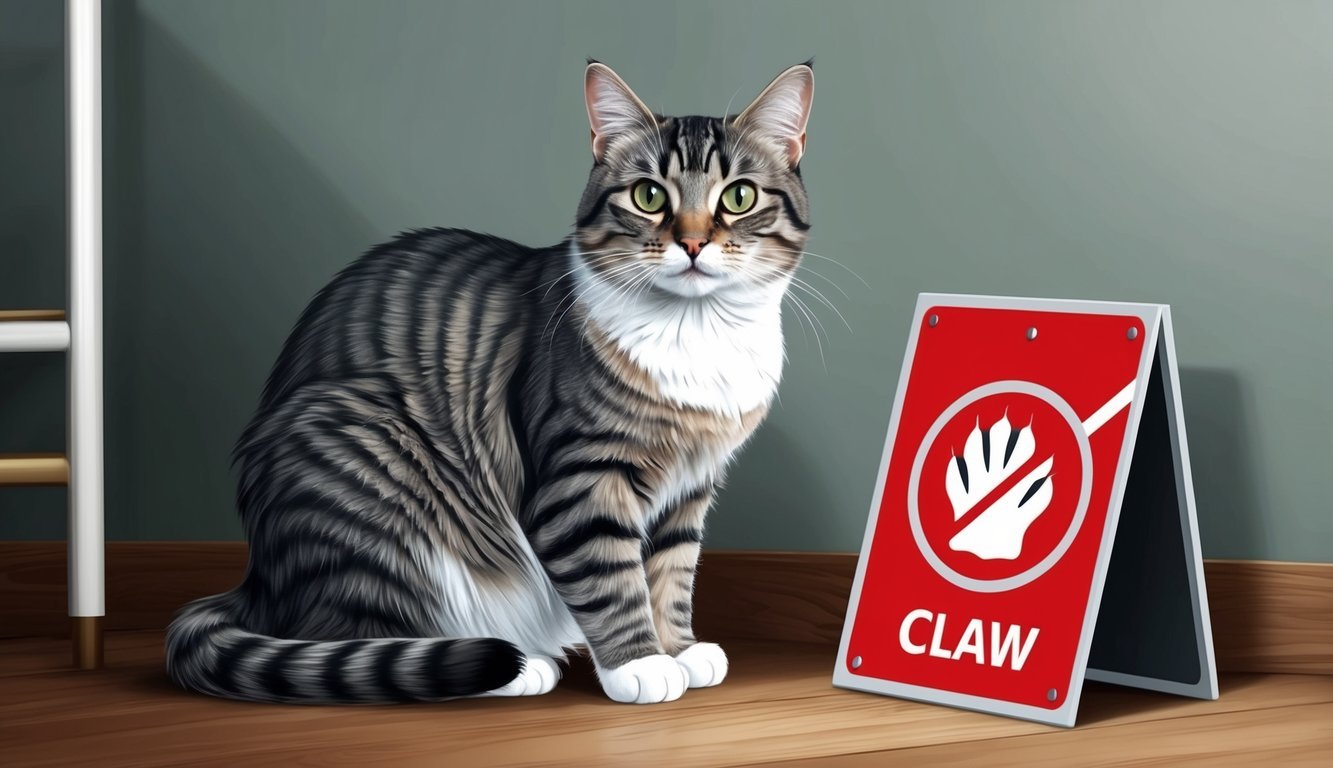 A cat with claws intact sits beside a sign with a red circle and line through a claw