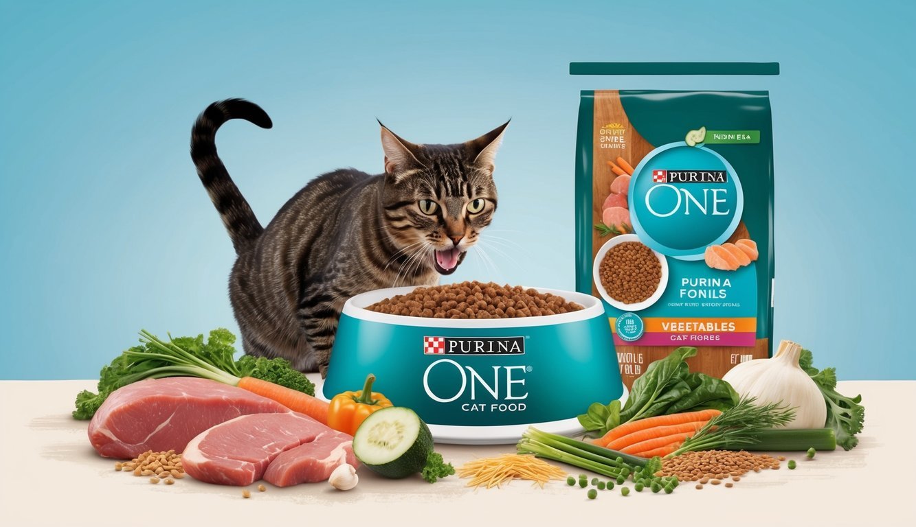 A cat eagerly eats from a bowl of Purina One cat food, surrounded by fresh, high-quality ingredients like meat, vegetables, and grains