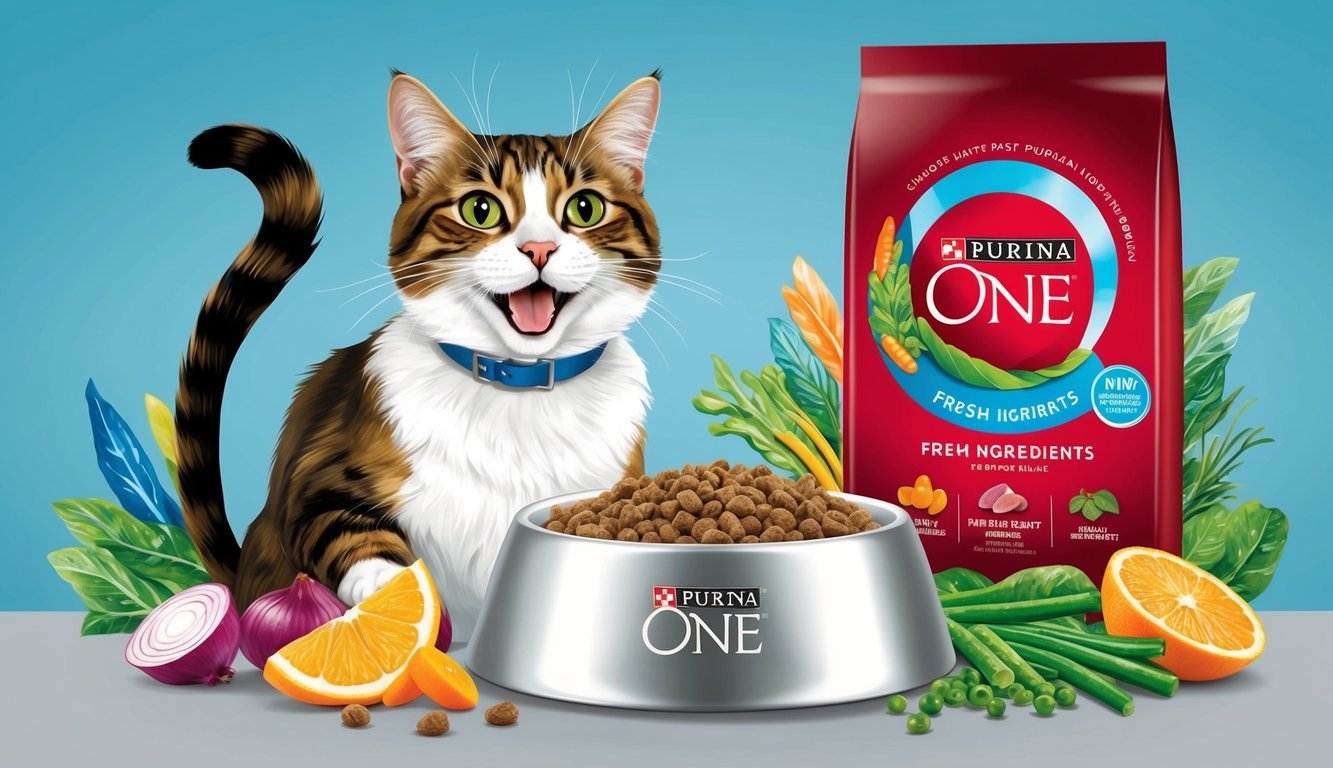 A happy, healthy cat enjoying a bowl of Purina One, surrounded by vibrant, colorful illustrations of fresh ingredients and a sleek, modern packaging design