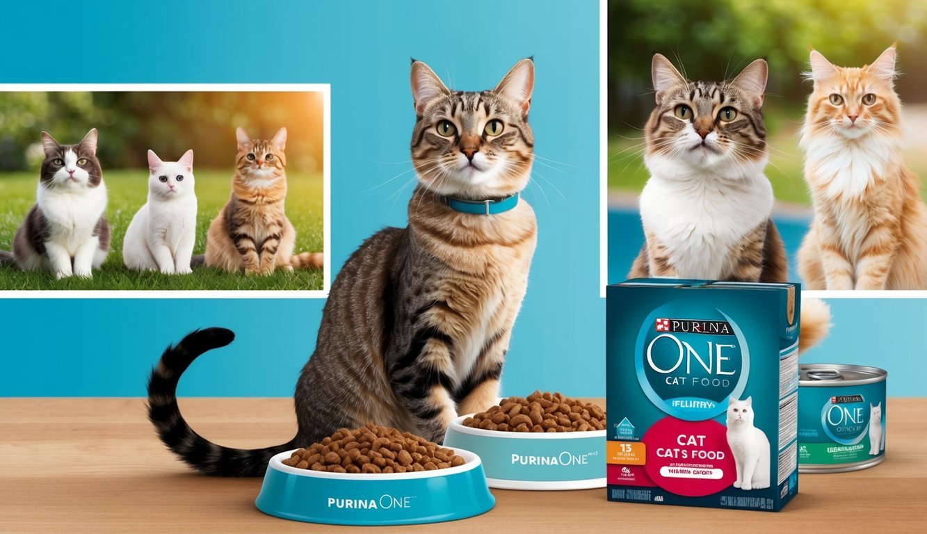 A proud cat sits next to a bowl of Purina One cat food, surrounded by images of healthy, happy felines