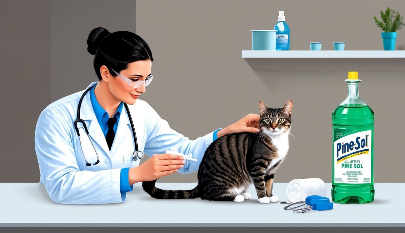 A veterinarian administers first aid to a cat while a bottle of Pine-Sol sits on a nearby shelf