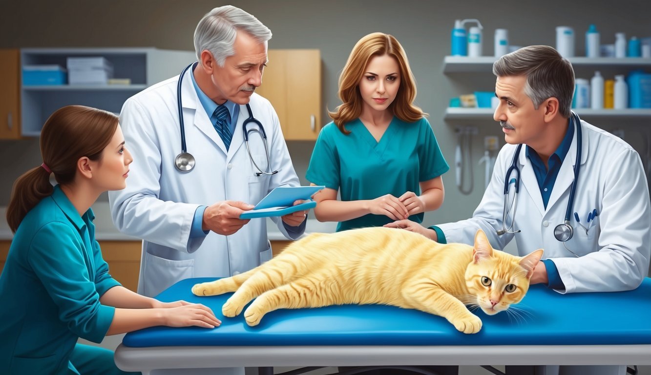 A yellow-tinted cat lying on a vet's examination table, with concerned owners and a veterinarian discussing treatment options