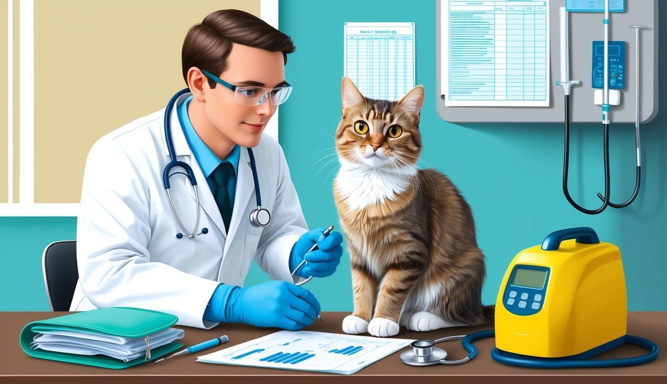 A veterinarian examining a yellow-eyed cat, surrounded by medical equipment and charts