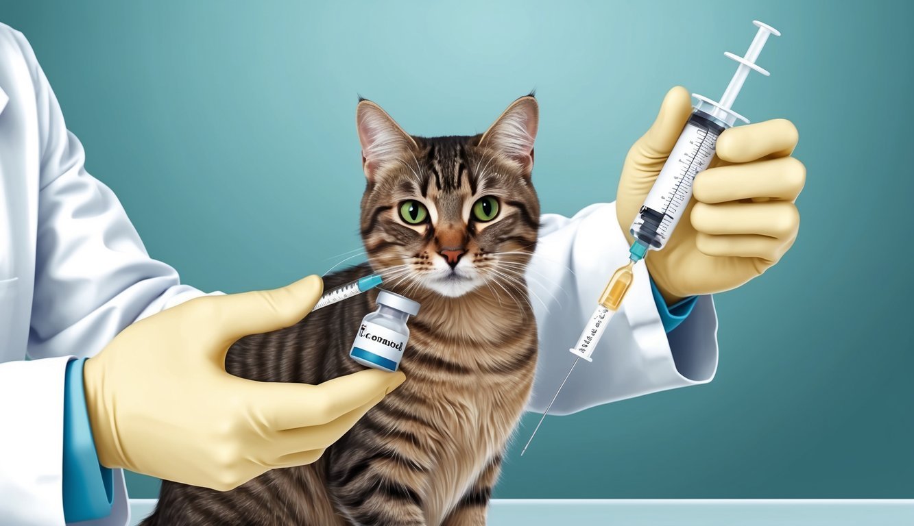 A veterinarian carefully measuring and administering itraconazole to a cat using a syringe