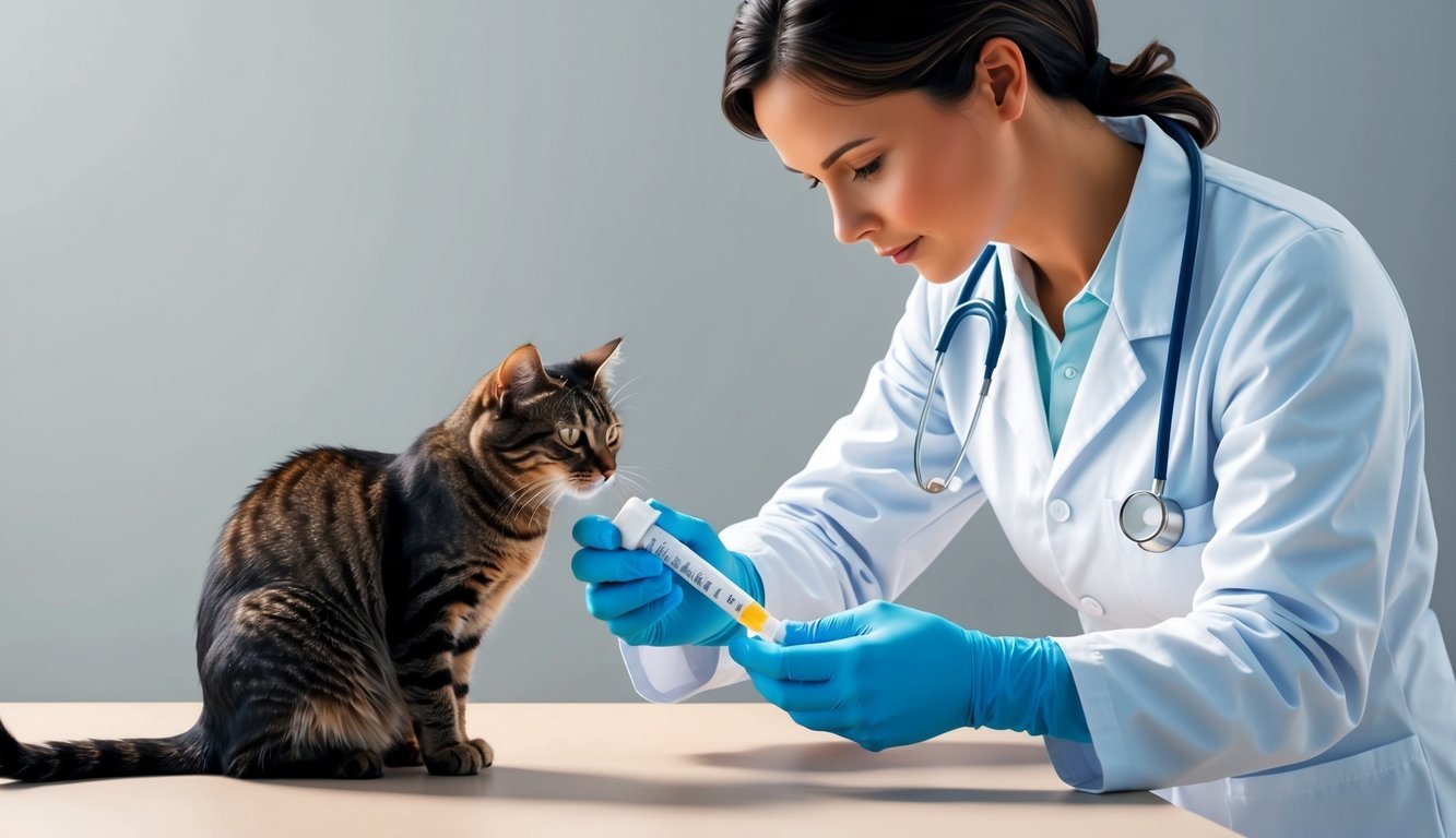 A veterinarian carefully measuring itraconazole dosage for a cat while monitoring for any potential side effects