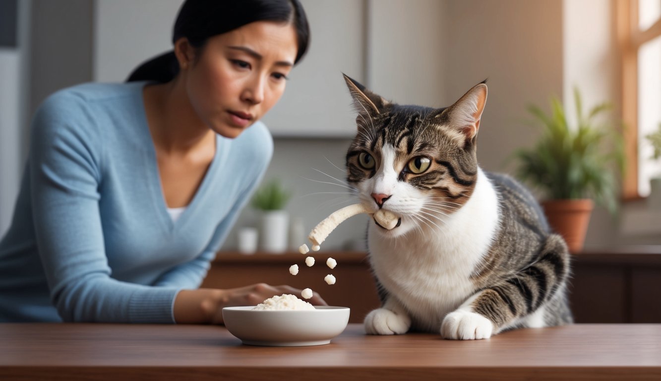 A cat lapping up lactulose from a small dish, with a concerned owner looking on