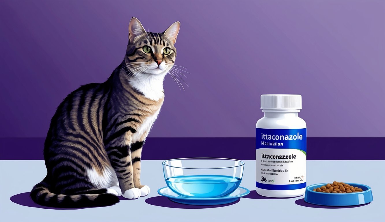 A cat sitting beside a bottle of itraconazole medication, with a water bowl and food dish nearby