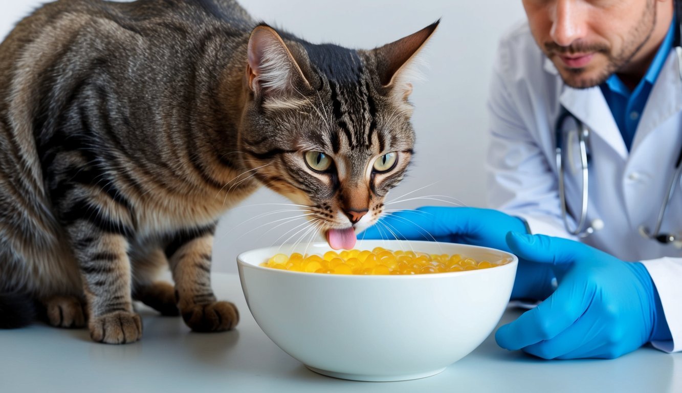 A cat drinking from a bowl of lactulose, with a veterinarian observing closely