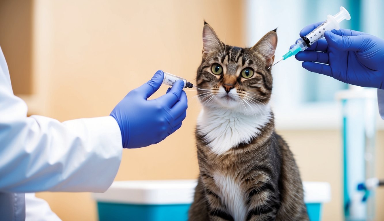 A cat receiving a dose of lactulose from a veterinarian using a syringe