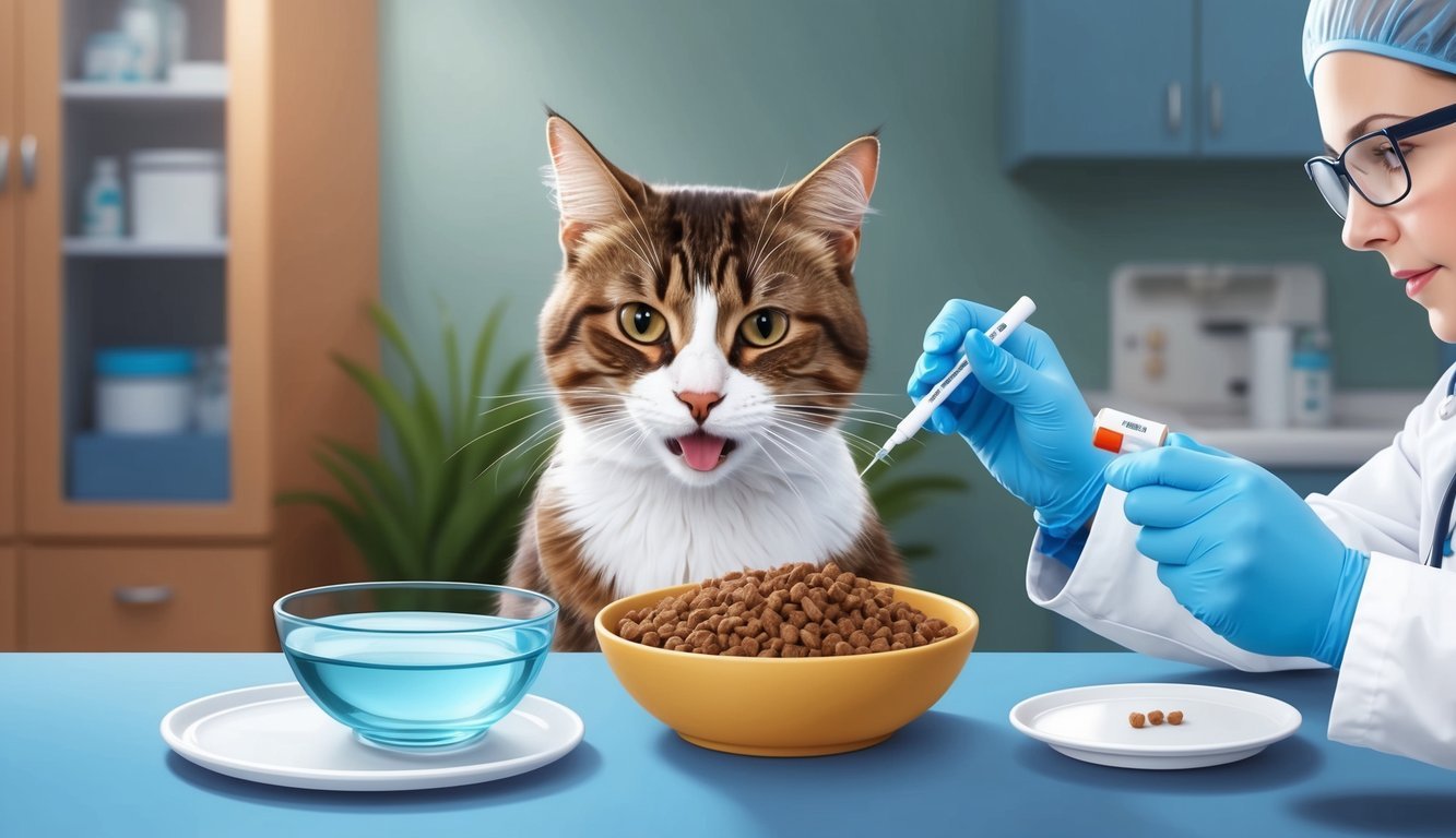 A cat eating a balanced meal with a bowl of water nearby, while a veterinarian administers a glucose test